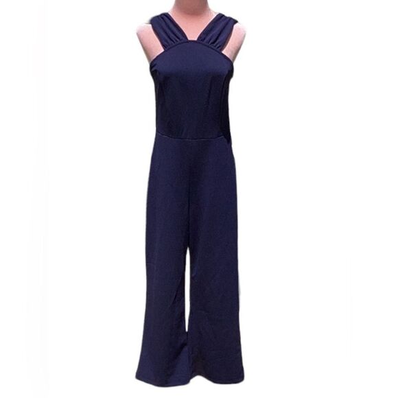 THE VANITY ROOM NWT CREPE V DETAIL JUMPSUIT INK BLUE MEDIUM CROP LENGTH - Picture 8 of 13